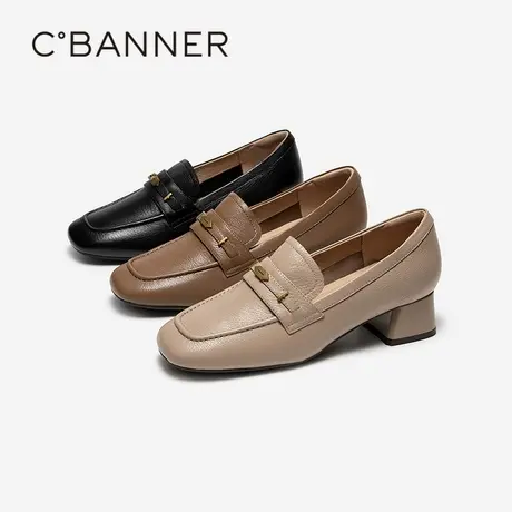 千百度羊皮粗跟乐福鞋女百搭气质新款通勤高跟鞋舒适正装深口单鞋图片