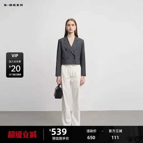sdeer圣迪奥女装OL风西装领双排扣短款外套S24382207图片
