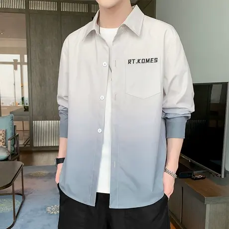 渐变色长袖衬衫男款秋天潮牌港风宽松青年衬衣休闲男士春秋款外套图片