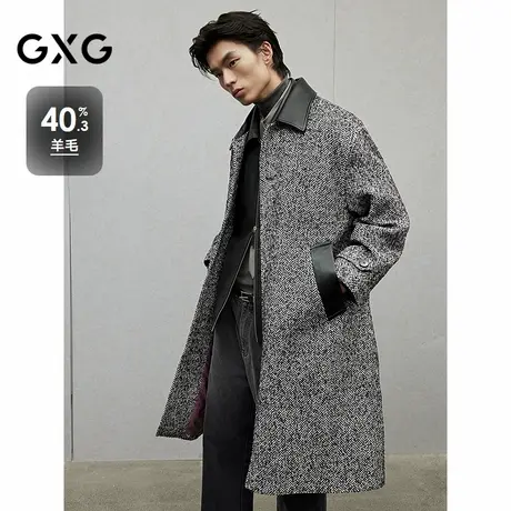 GXG男装 黑灰色小香风宽松通勤长款羊毛大衣外套 24年冬季品图片