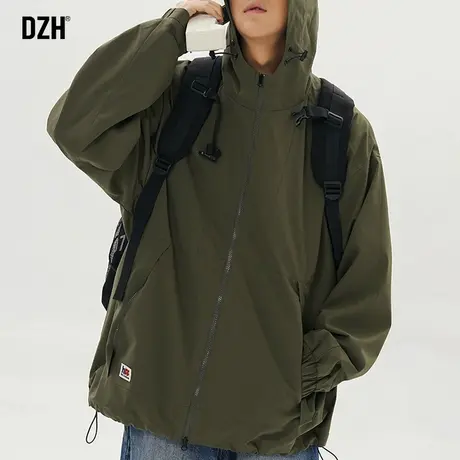 青少年军绿色连帽冲锋衣外套男春秋2023新款机能工装夹克日系男装商品大图