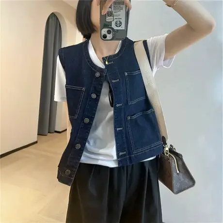 韩版上衣时髦春秋复古深蓝圆领短款牛仔马甲叠穿百搭无袖背心外套商品大图