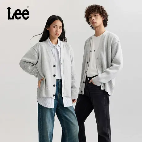Lee25秋冬新品宽松版V领双色混色效果男女同款长袖毛衣开衫休闲商品大图