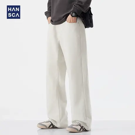 hansca浅色微喇叭牛仔裤男2025新款秋季美式复古宽松阔腿水洗长裤商品大图