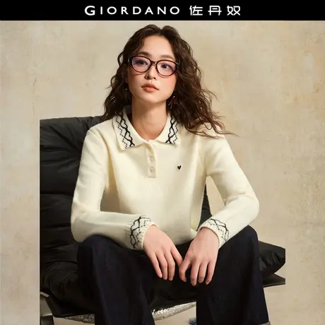 设计师款佐丹奴针织衫女爱心刺绣撞色提花翻领半开襟毛衣18355926商品大图