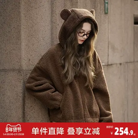 唐狮2026秋冬季连帽加厚外套女短款仿羔毛外套棕色拼接格纹超好看图片