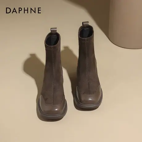 达芙妮棕色短靴女2026新款冬季加绒踝靴平底靴子瘦瘦靴英伦马丁靴图片