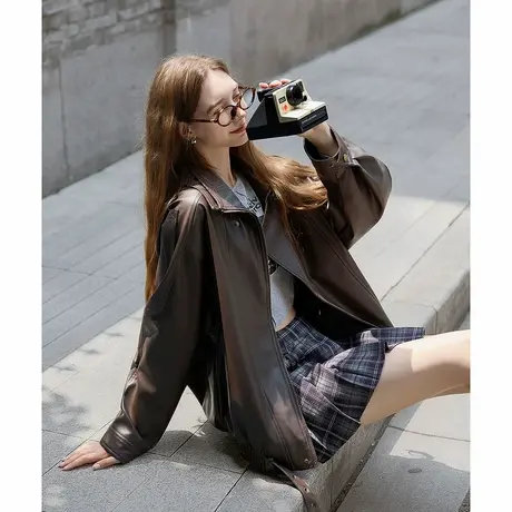 唐狮秋新款外套女重工复古中性机车皮衣外套PU夹克上衣小香风tuTA商品大图