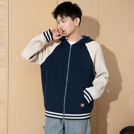 唐狮春新款男士毛衣针织开衫外套连帽拉链款港风休闲青少年潮TD图片