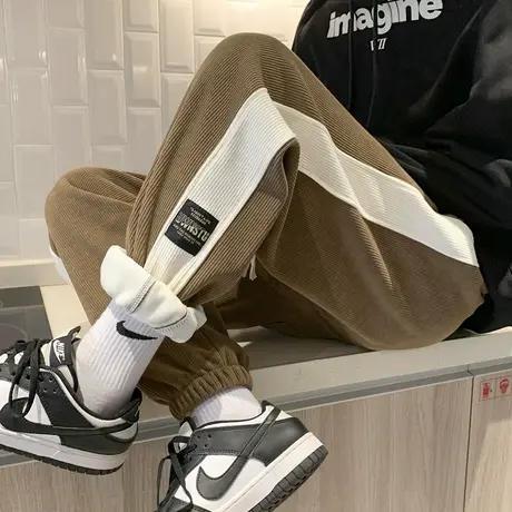 拼色华夫格裤子男春秋季宽松大码潮牌ins港风青少年束脚休闲卫裤商品大图