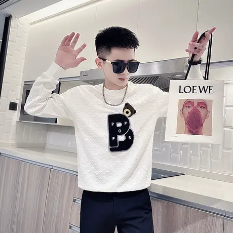 字母刺绣休闲卫衣男秋季ins潮牌个性发型师长袖上衣内搭T恤体恤商品大图