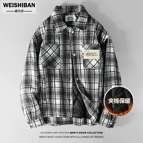 美式休闲复古格子夹棉保暖外套男秋冬季潮牌复古休闲bf风情侣棉衣商品大图