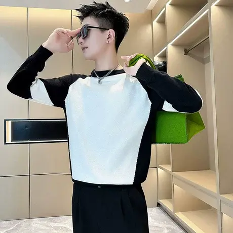 秋冬季撞色拼接设计感毛衣痞帅新款小众休闲轻熟风套头针织打底衫商品大图