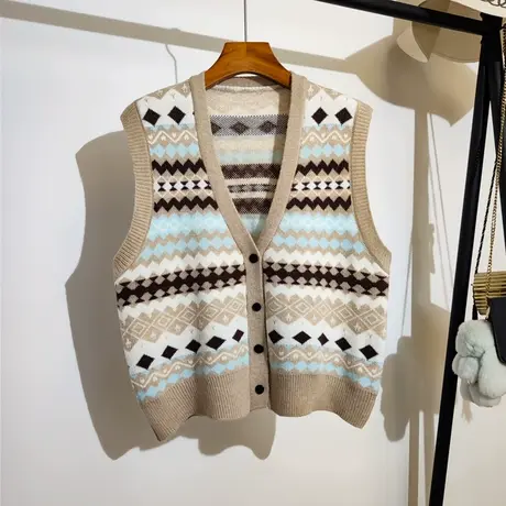 条纹复古针织马甲开衫女秋冬新款v领叠穿设计感小众毛衣背心外套图片
