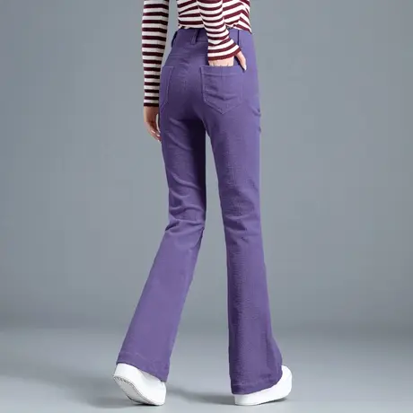 紫色灯芯绒裤子女秋冬款2023微喇裤显瘦修身加厚小个子马蹄条绒裤商品大图