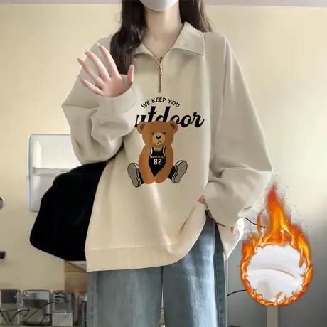 半拉链加绒卫衣女oversize大码美式复古上衣ins潮秋冬高级感外套商品大图