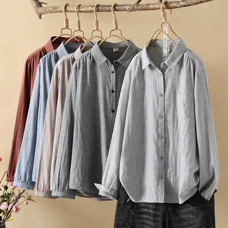 2023秋装百搭文艺纯棉柔软女士衬衣条纹双层棉纱长袖衬衫女宽松图片