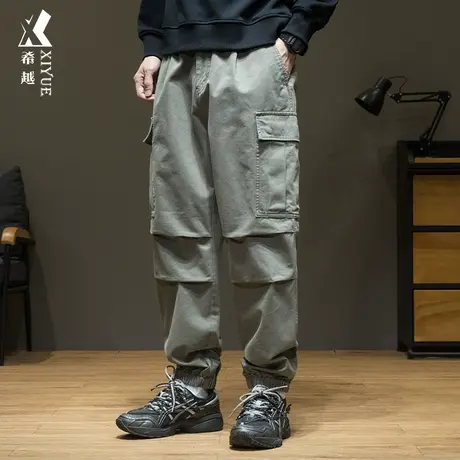 希越纯棉美式工装休闲男士束脚裤秋冬季宽松大码百搭设计感长裤子商品大图