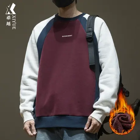 冬季加绒加厚卫衣男美式宽松大码男士外套重磅套头拼接牛角打底衫商品大图