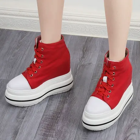 10cm内增高帆布鞋女款百搭红色高帮休闲鞋舒适圆头系带厚底松糕鞋商品大图
