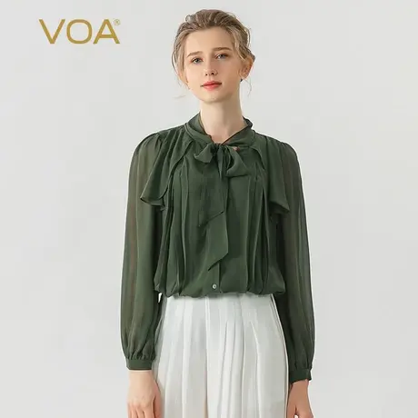 VOA乔其纱桑蚕丝军绿色系带领单排扣褶皱衬衫长袖双层真丝衬衫商品大图