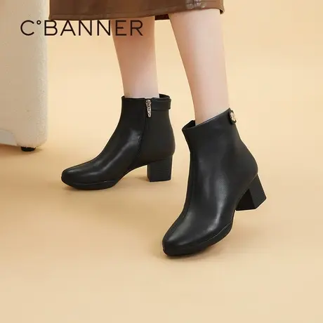 千百度女鞋冬季新款时装靴暖暖靴高跟真皮短靴瘦瘦靴加绒保暖商品大图