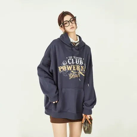 YEP藏青色连帽卫衣女春秋款2023新款oversize潮牌美式复古上衣ins图片
