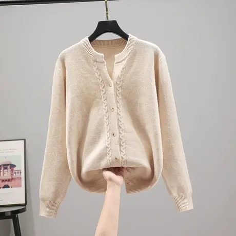 22070新款韩版宽松圆领针织衫女百搭纯色长袖开衫外套毛衣上衣图片