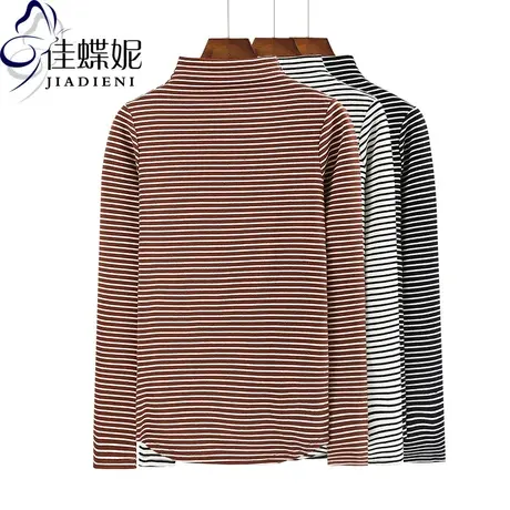 秋冬新款韩版半高领修身纯棉条纹长袖体恤打底衫休闲女装T恤商品大图