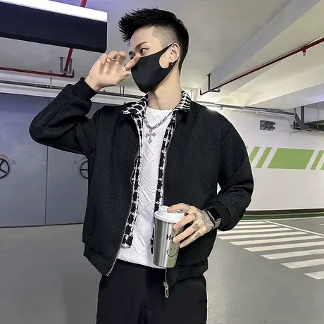 春秋季拼接假两件夹克休闲痞帅男装上衣2023新款褂子春装潮流外套商品大图