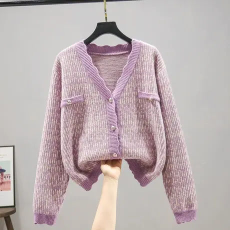 开衫女2023春装新款格子长袖V领小香风针织衫外套韩版宽松毛衣女商品大图