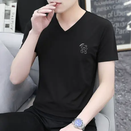 莫代尔小熊短袖t恤男装2025新款V领潮流夏季黑色上衣服冰丝半袖男商品大图