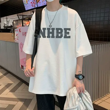 短袖T恤男华夫格宽松潮流圆领打底体恤2024夏季新款立体发泡半袖商品大图