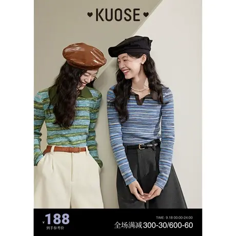 阔色条纹渐变polo领针织衫女2023秋冬新款内搭打底衫修身毛衣商品大图