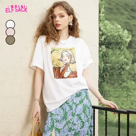 【插画师联名】妖精的口袋印花白色短袖t恤女2023夏新款宽松上衣商品大图
