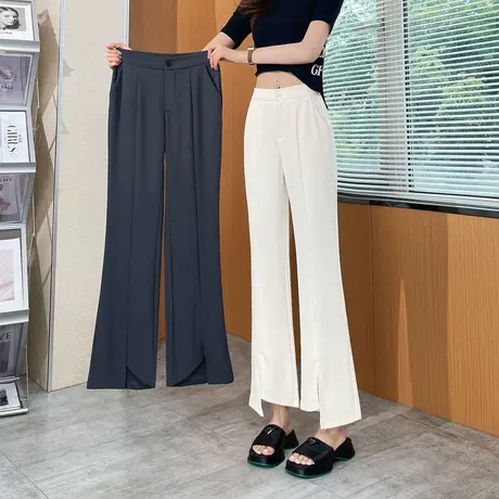 裤子女夏季薄款九分开叉喇叭裤垂感显瘦小个子西装裤休闲黑色西裤商品大图