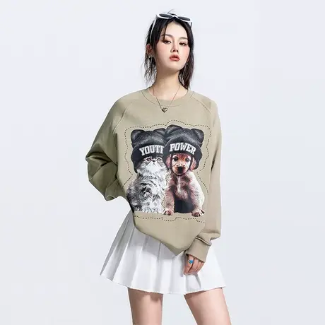 yep小猫小狗圆领卫衣女设计感小众慵懒风美式复古上衣外套潮商品大图