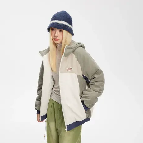 潮牌拼接连帽棉服女冬季夹棉外套2023年新款复古宽松oversize棉衣商品大图