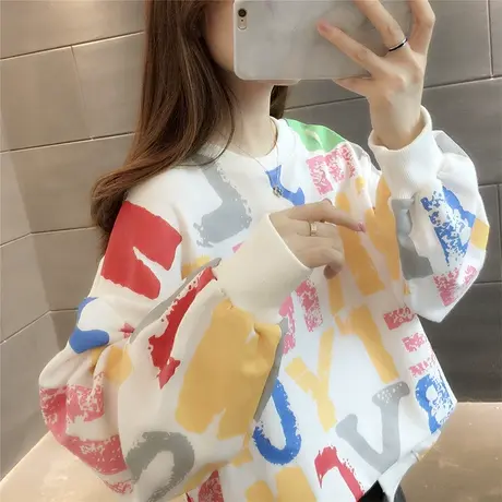 2023秋季新款韩版宽松时尚圆领卫衣女印花字母百搭休闲网红外套潮图片