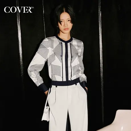 COVER秋季迷宫印花撞色缎面衬衫图片