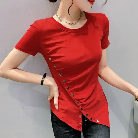 网红不规则短袖女夏季2024新款下摆开叉T恤洋气紧身高腰上衣小衫商品大图