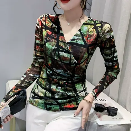 欧货涂鸦印花长袖T恤女春秋洋气内搭打底衫性感交叉V领网纱上衣潮商品大图