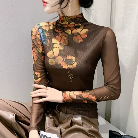 气质减龄内搭T恤女长袖性感半高领印花加绒上衣洋气修身打底衫ins商品大图