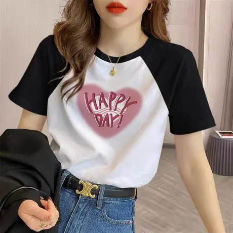 撞色插肩袖纯棉短袖t恤女夏季新款欧货宽松显瘦百搭打底上衣ins潮商品大图