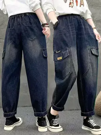 复古彩条贴布刺绣牛仔哈伦裤女秋季宽松大码萝卜裤休闲显瘦老爹裤图片