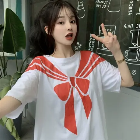 欧美复古短袖t恤女2021夏季宽松韩版ins设计感小众chic港味上衣服商品大图