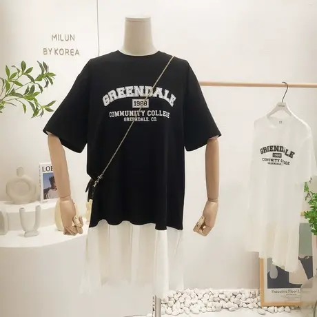 韩国东大门连衣裙2022夏季新款字母小众百搭T恤百褶裙中长款大码图片