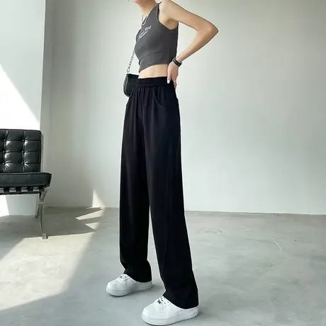 黑色铜氨丝窄版阔腿裤女夏季薄款高腰显瘦垂感宽松直筒冰丝休闲裤商品大图