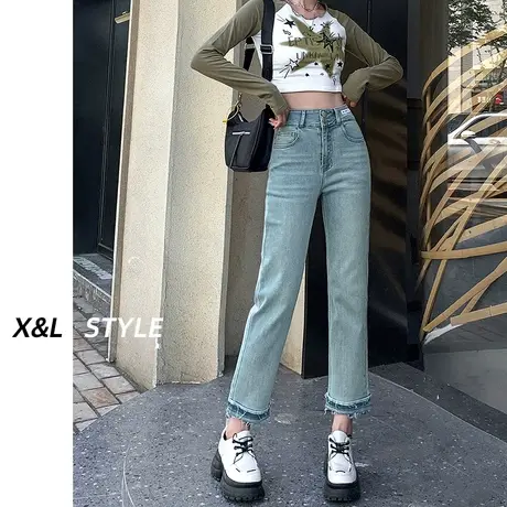 复古高腰直筒牛仔裤女春秋装2023年新款显瘦小个子九分阔腿烟管裤图片