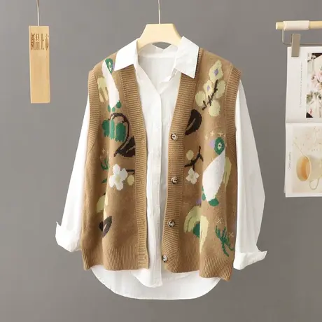 针织马甲女新款2024年毛衣背心洋气提花马夹开衫宽松外搭毛衣外套商品大图